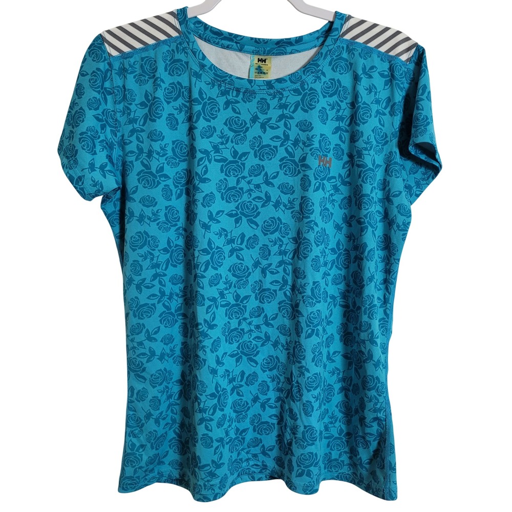 Helly Hansen Stay Dry Blue Floral Rose Performance Tee Shirt Womens XL Gorpcore